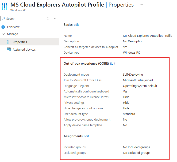 Windows Autopilot Profile Settings
