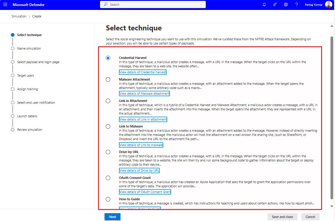 Microsoft Phishing Simulator technique