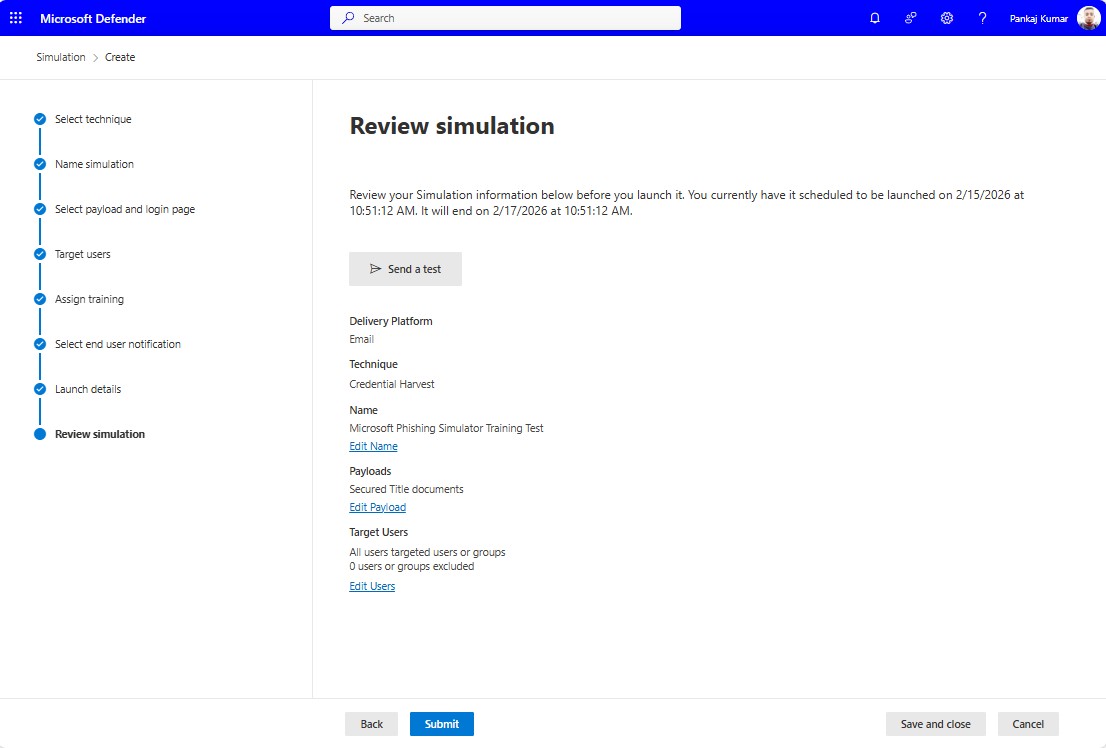 Review the Microsoft SimMicrosoft Phishing Simulator training and Run the Simulation