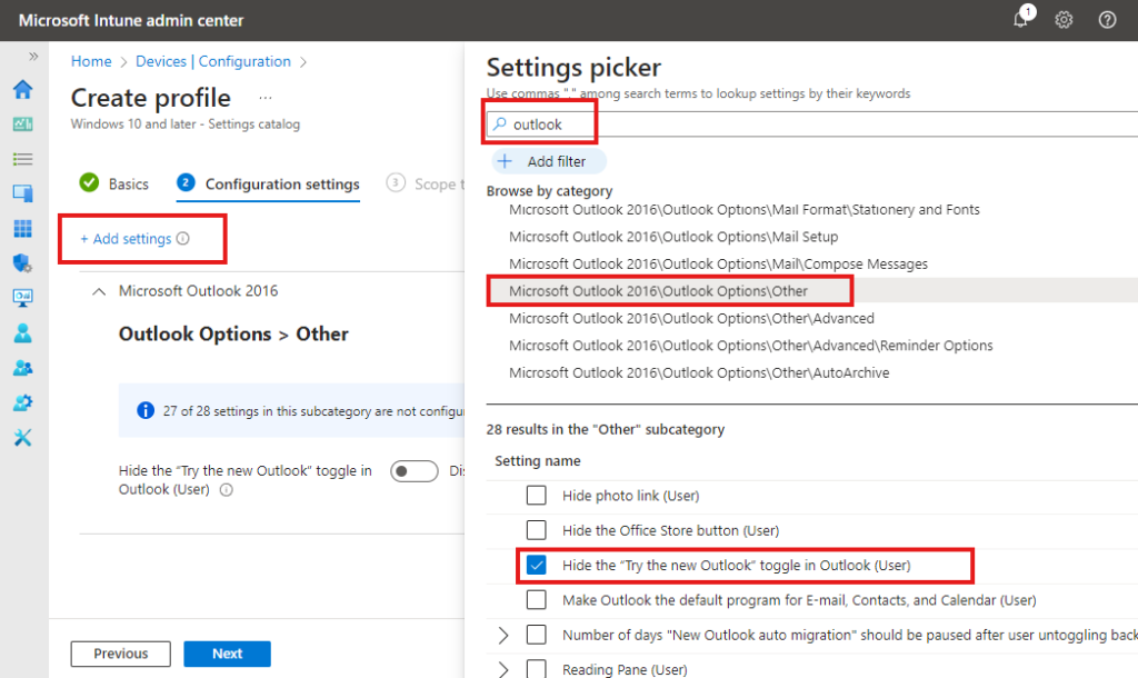 Hide try New outlook toggle from Intune configuration profile