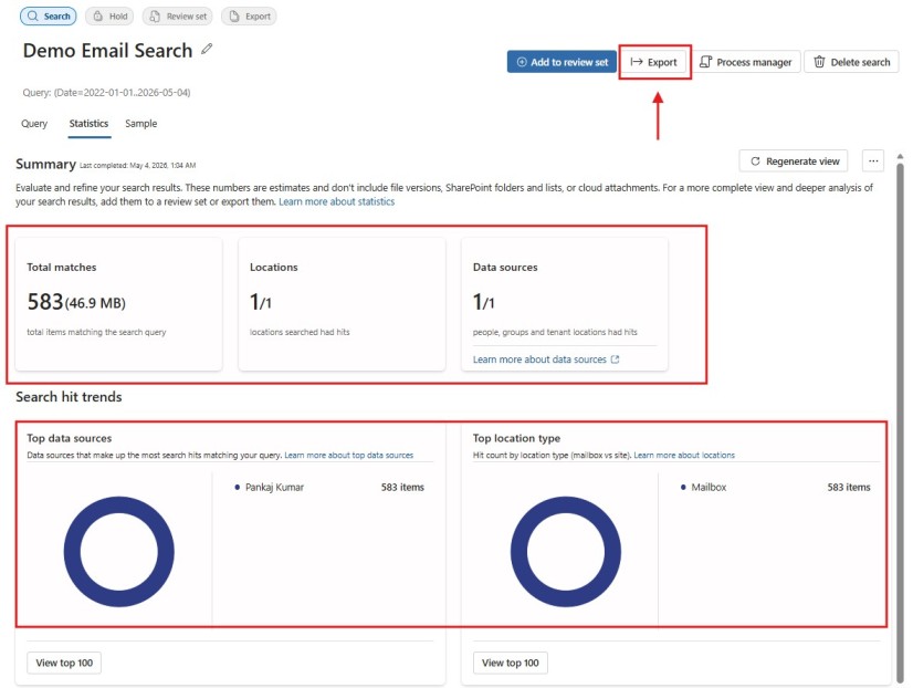 Microsoft 365 eDiscovery Search Query Statistics