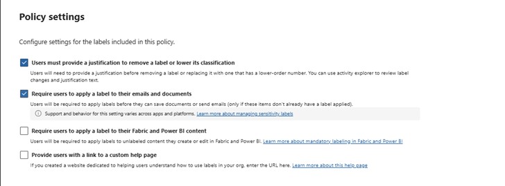 Microsoft Sensitivity Labels Settings