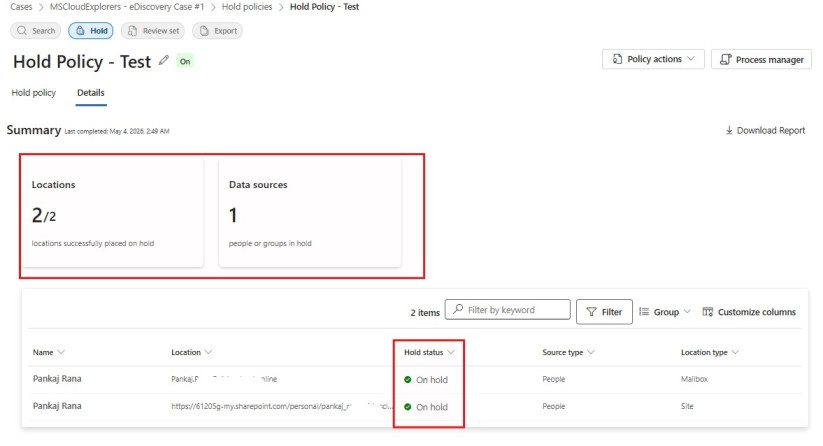 eDiscovery Hold Policy Status