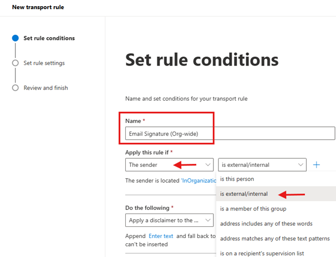 Create Transport rule for Email Signature Organization wide