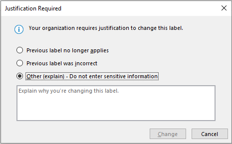 Microsoft Sensitivity Labels downgrade justification
