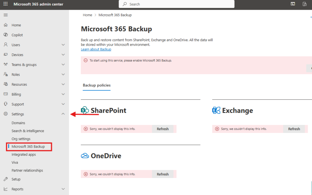 Select the Microsoft 365 Backup 