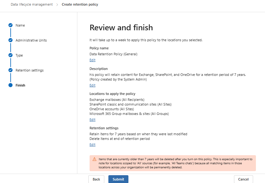 Data Retention Policy in Microsoft 365 Compliance Center Review