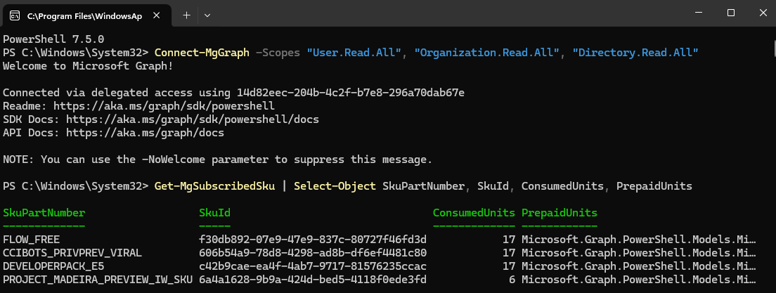 Connect the Microsoft graph with Powershell and export the Microsoft 365 License Report