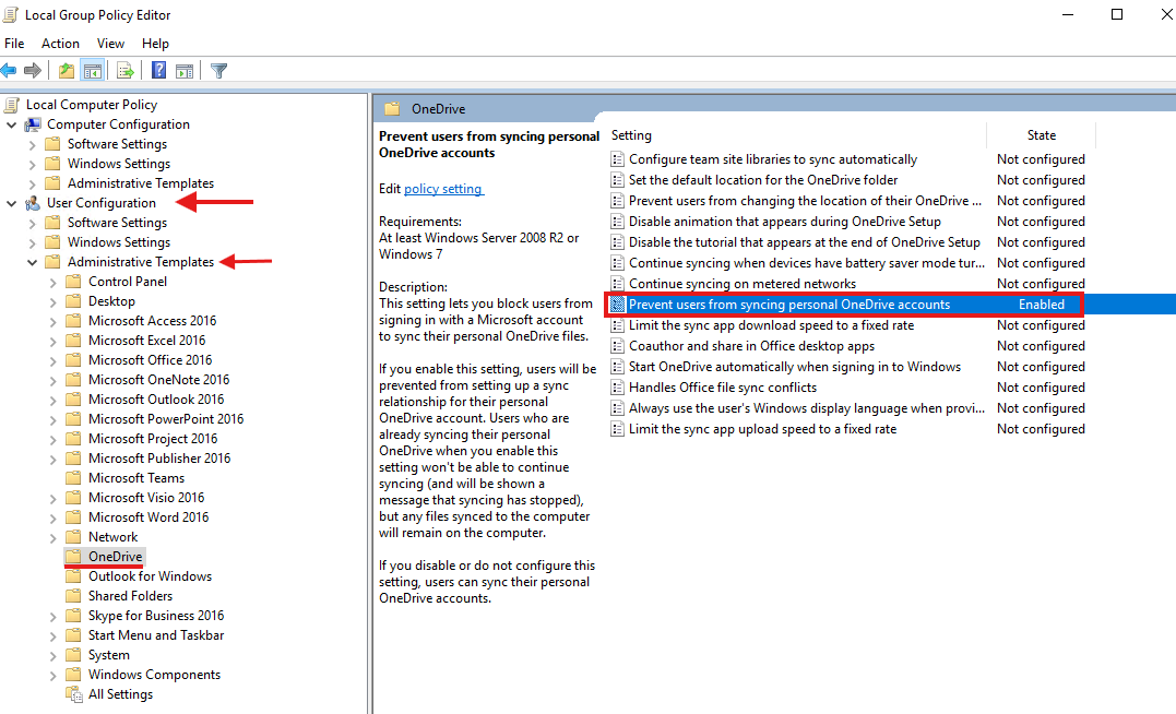 Disable personal OneDrive syncing from Group Policy