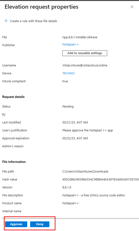 Microsoft Intune Privileged Elevation Approval request