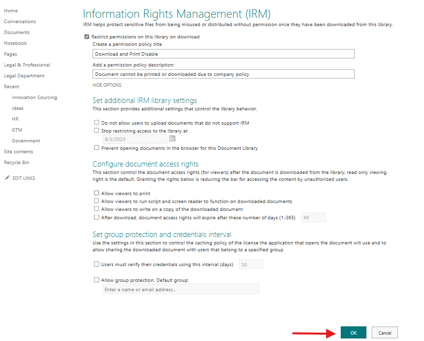SharePoint Online Using IRM (Information Right Management) Policy Configuration
