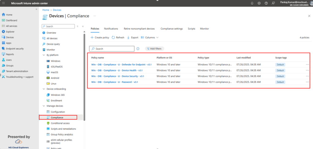 Verification of Compliance Policies In Intune Portal