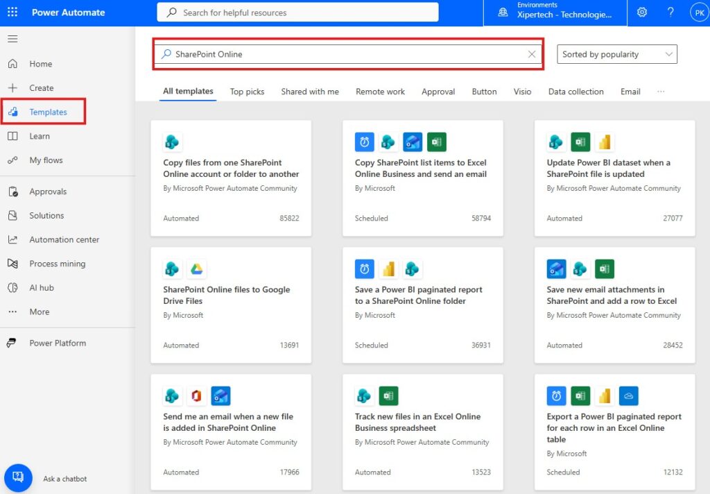 Power Automate templates for SharePoint Online