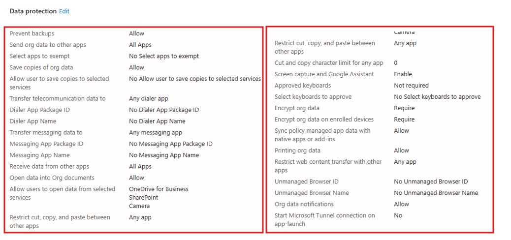 App Protection Policy Data Protection Settings