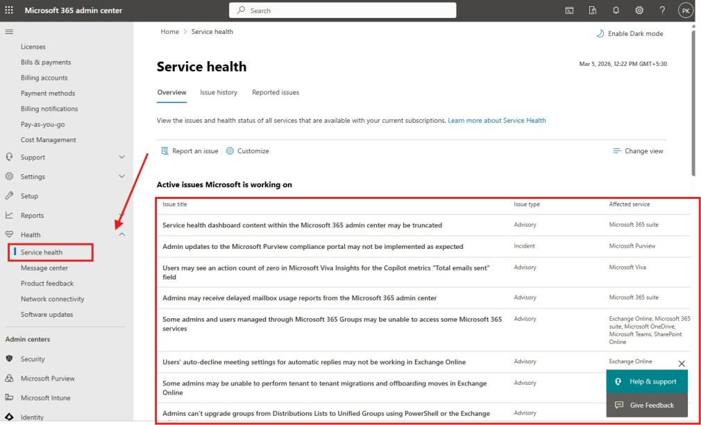 Microsoft 365 Tenant Service Health Overview