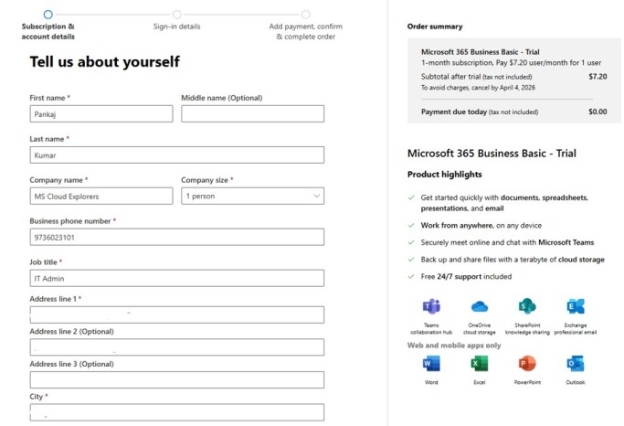 Organization Details for Create new tenant