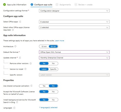 Configuration Settings for Microsoft 365 Apps with Intune