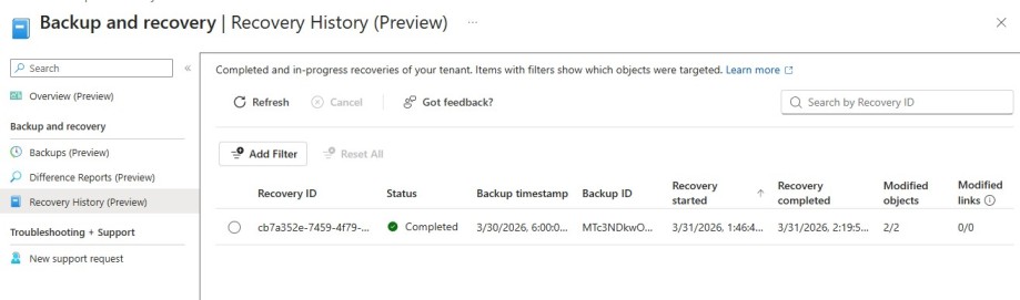 Microsoft Entra Backup Recovery History