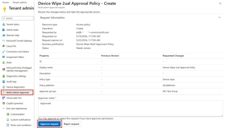 Approve the Admin Request for Intune Device Action