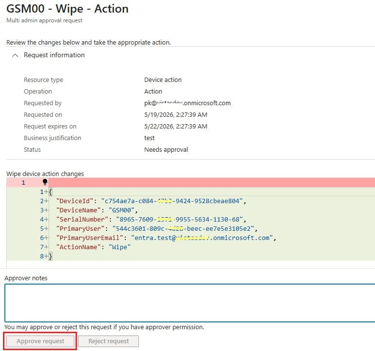 Device Action Wipe request for Approval