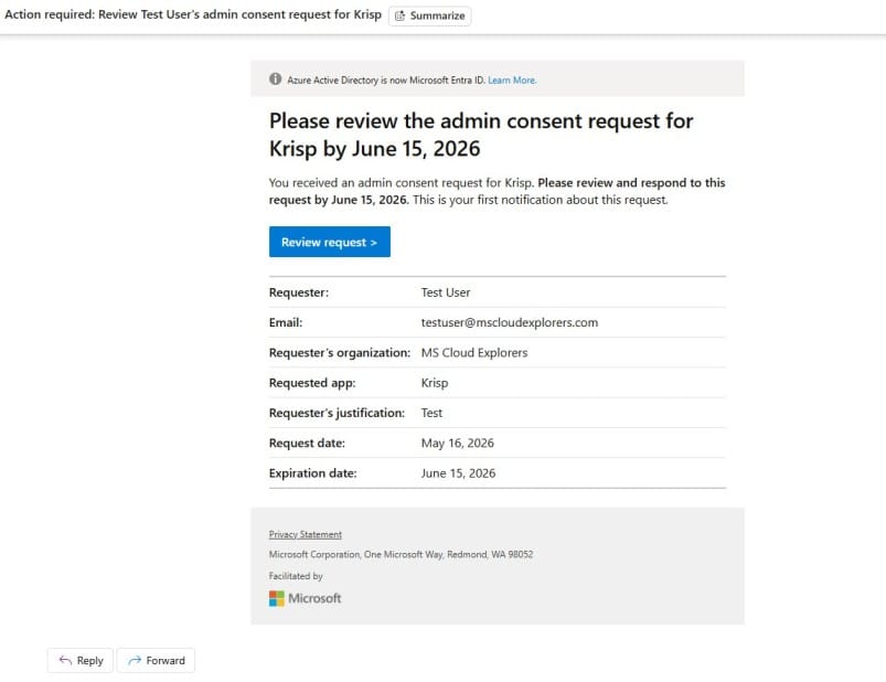 Entra ID App Request Admin Notification