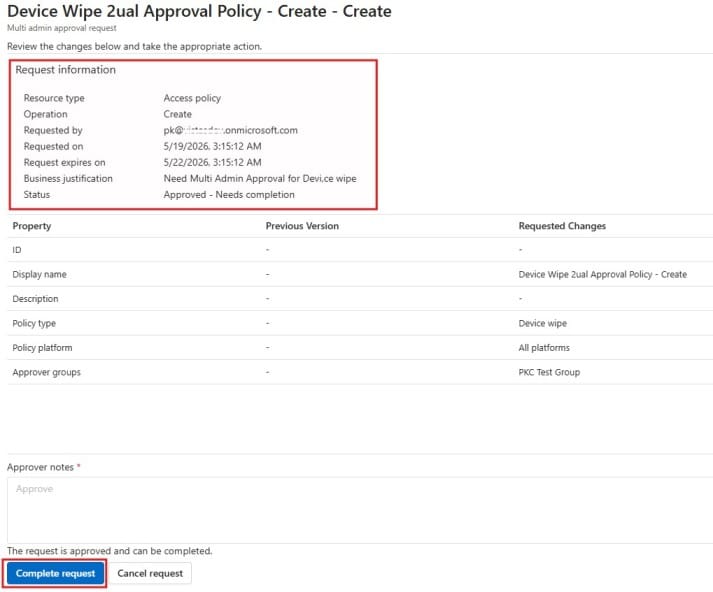 Multi Admin Approval Request Completion