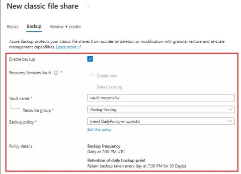 Azure Files Share Backup Configuration