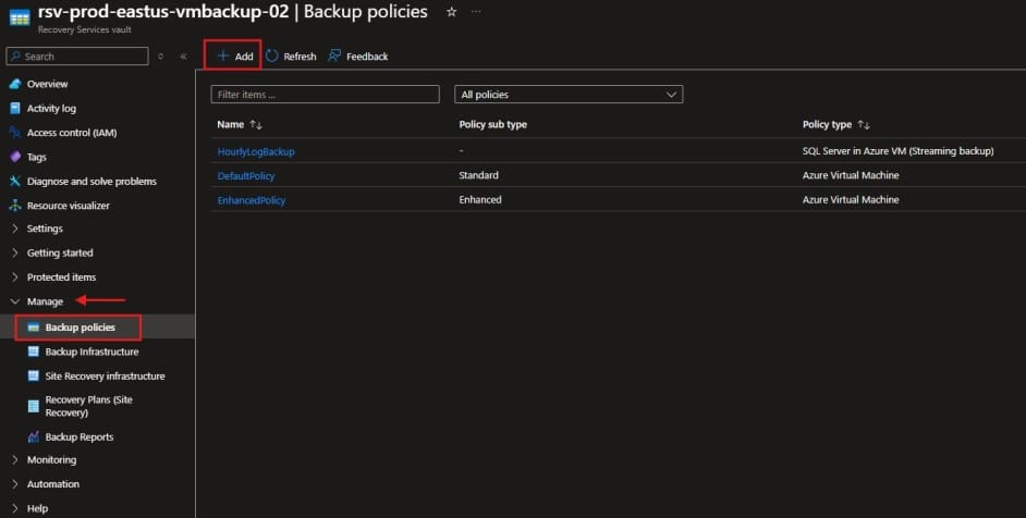 Azure Recovery Services Vault Backup Policies