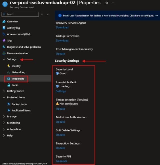 Azure Recovery Services Vault Security Settings