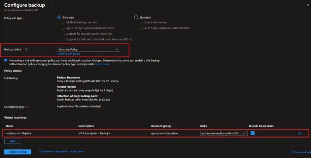 Azure Recovery Services Vault Virtual Machine Backup