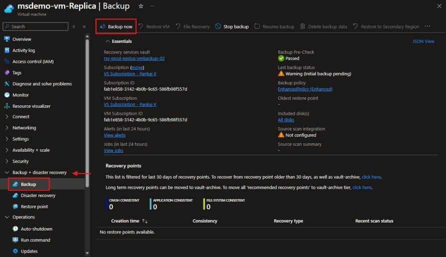 Azure Recovery Services Vault Virtual Machine On-Demand Backup
