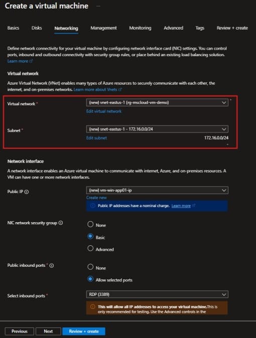 Azure Virtual Machine Networking Configuration