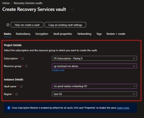 Recovery Service Vault Configuration