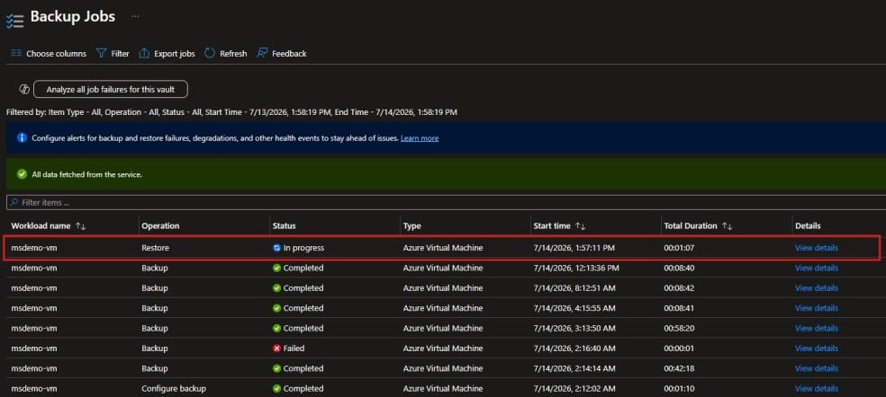 Restoring the Azure Virtual Machine from Backup