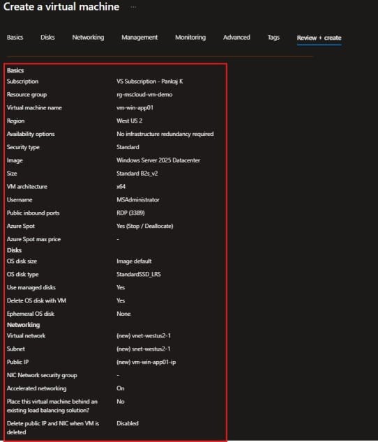 Review the Azure Virtual Machine Configuration