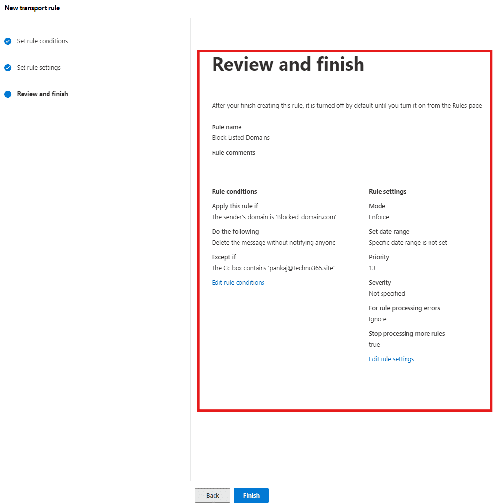 Mail flow rules for Blocked Domain