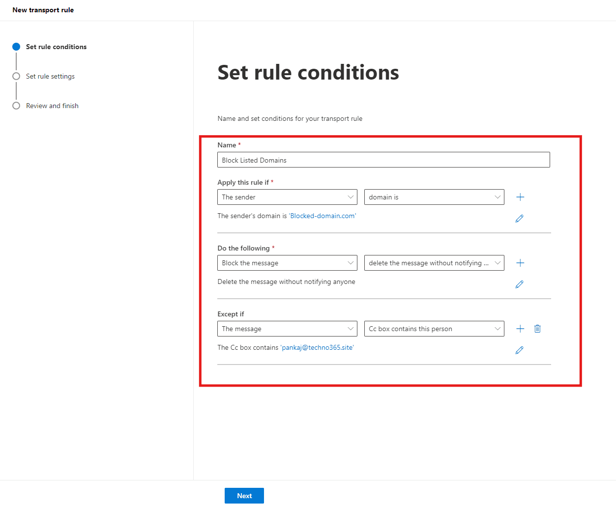 Mail flow Rule Blocked Domain