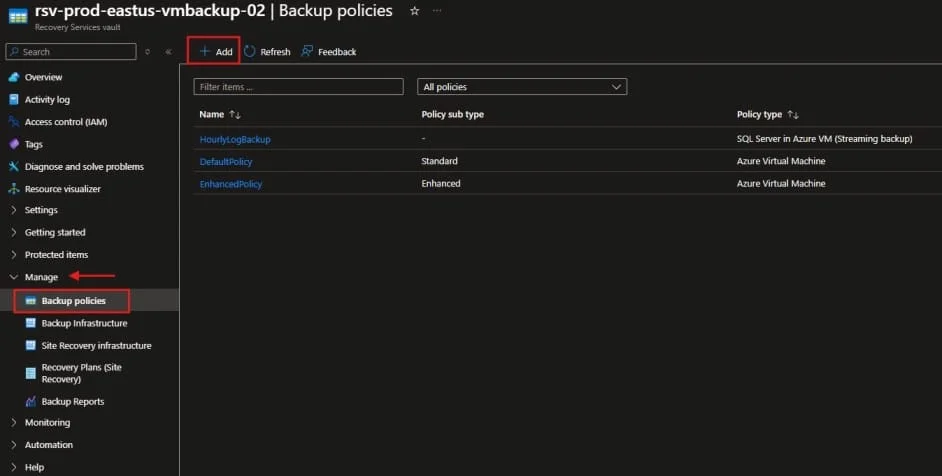 Azure Recovery Services Vault Backup Policies