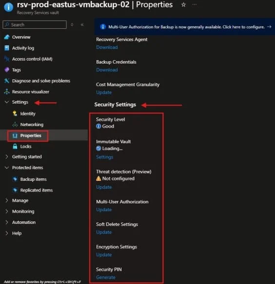 Azure Recovery Services Vault Security Settings