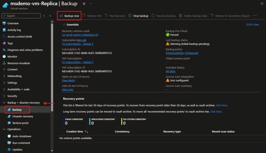 Azure Recovery Services Vault Virtual Machine On-Demand Backup