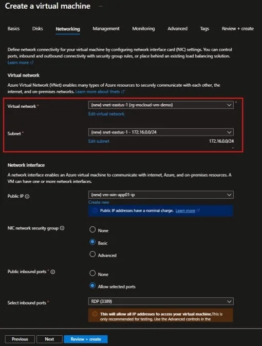 Azure Virtual Machine Networking Configuration