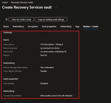 Recovery Service Vault Configuration 2