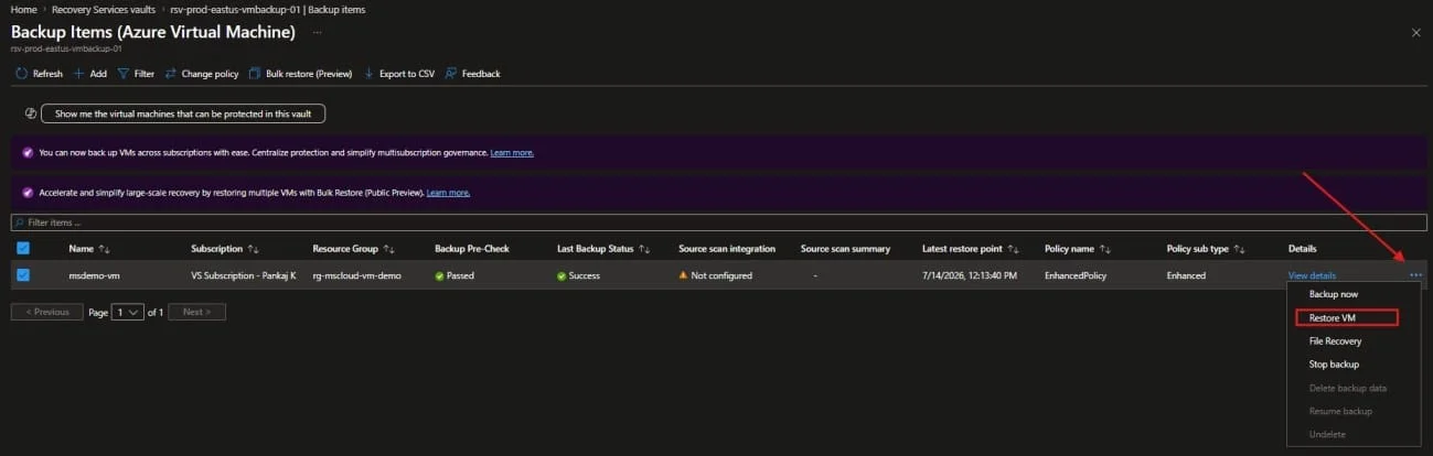 Restore Azure Virtual Machine