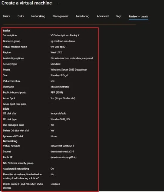 Review the Azure Virtual Machine Configuration